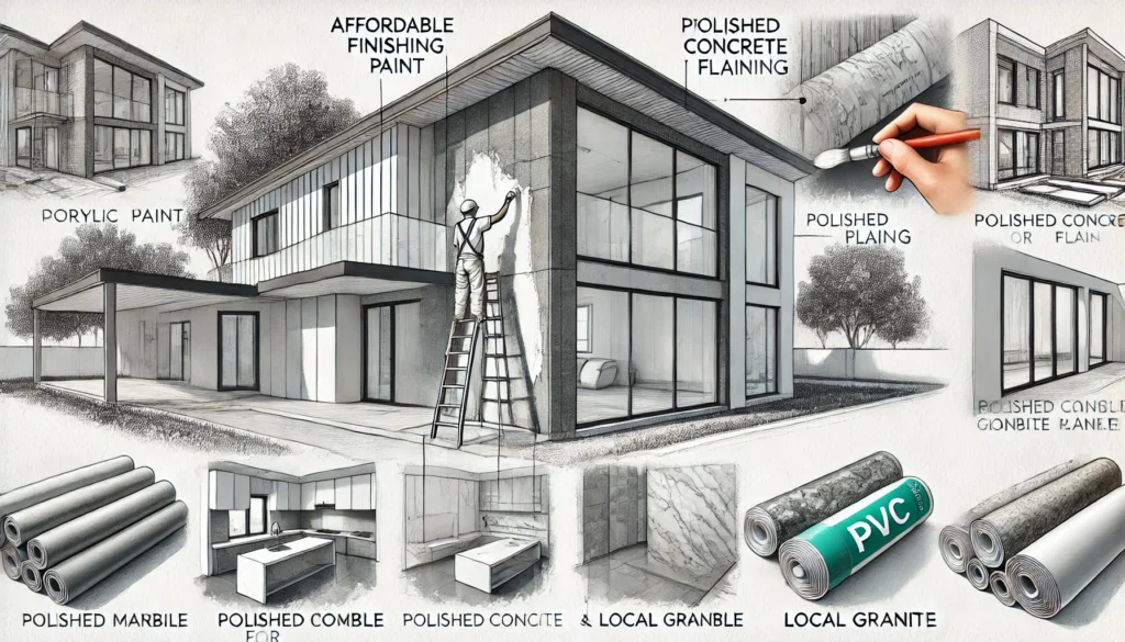 Ilustração de uma casa moderna em fase final de construção. A imagem destaca acabamentos acessíveis, como parede com pintura texturizada, piso de cimento queimado e bancadas de mármore branco e granito nacional. Um trabalhador aplica tinta acrílica em uma parede, com materiais de construção como PVC para forros e esquadrias de PVC para janelas ao redor.