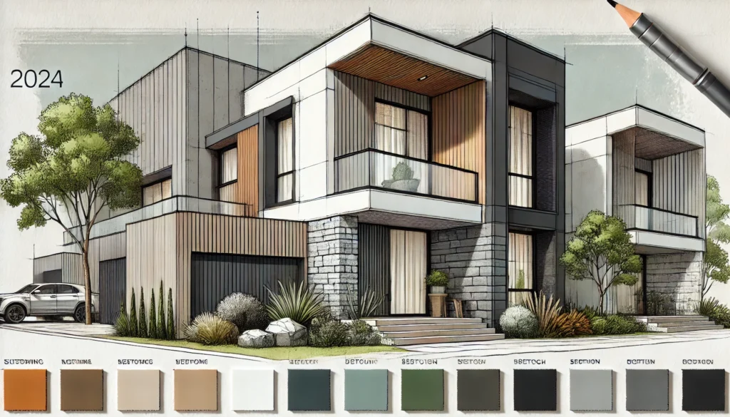 Ilustração de uma casa moderna com três fachadas diferentes lado a lado. A primeira fachada apresenta tons neutros como branco e cinza claro com detalhes em madeira. A segunda tem um estilo rústico, com tons terrosos como marrom e verde musgo, além de revestimento em pedra. A terceira fachada é arrojada, usando cores escuras como cinza grafite, preto e detalhes em metal.