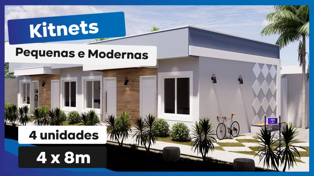 Kitnet moderna de 4x8 metros com fachada contemporânea, jardim e informações sobre as unidades