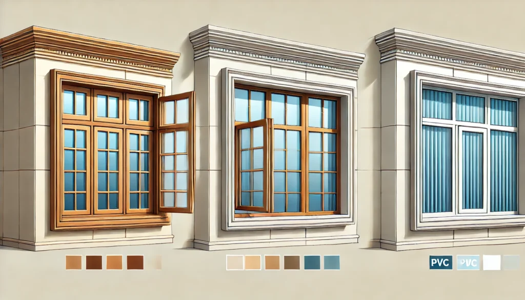 Ilustração de três janelas diferentes em uma casa moderna. A primeira janela é de madeira com acabamento clássico, a segunda é de alumínio com um design minimalista, e a terceira é de PVC com uma aparência funcional. Todas as janelas estão abertas, destacando os diferentes materiais e estilos.