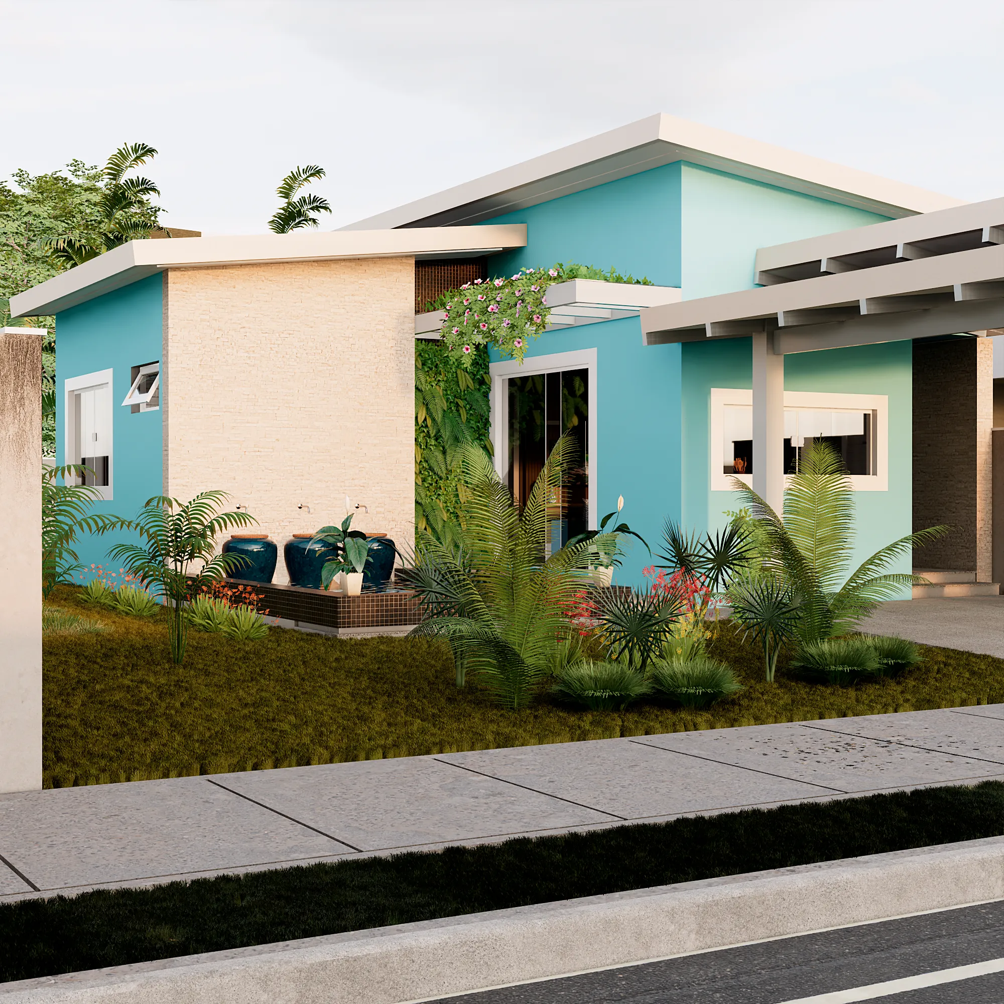 Fachada de uma casa pequena com design contemporâneo e paisagismo com plantas ornamentais.