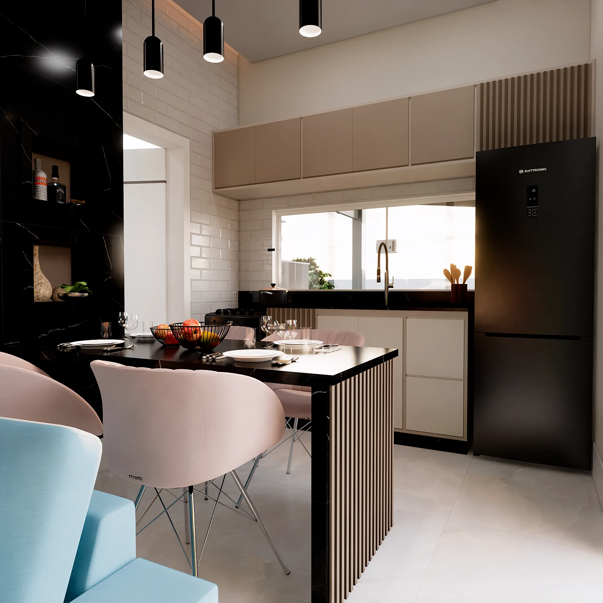 Cozinha moderna com bancada preta, eletrodomésticos em preto e design minimalista.