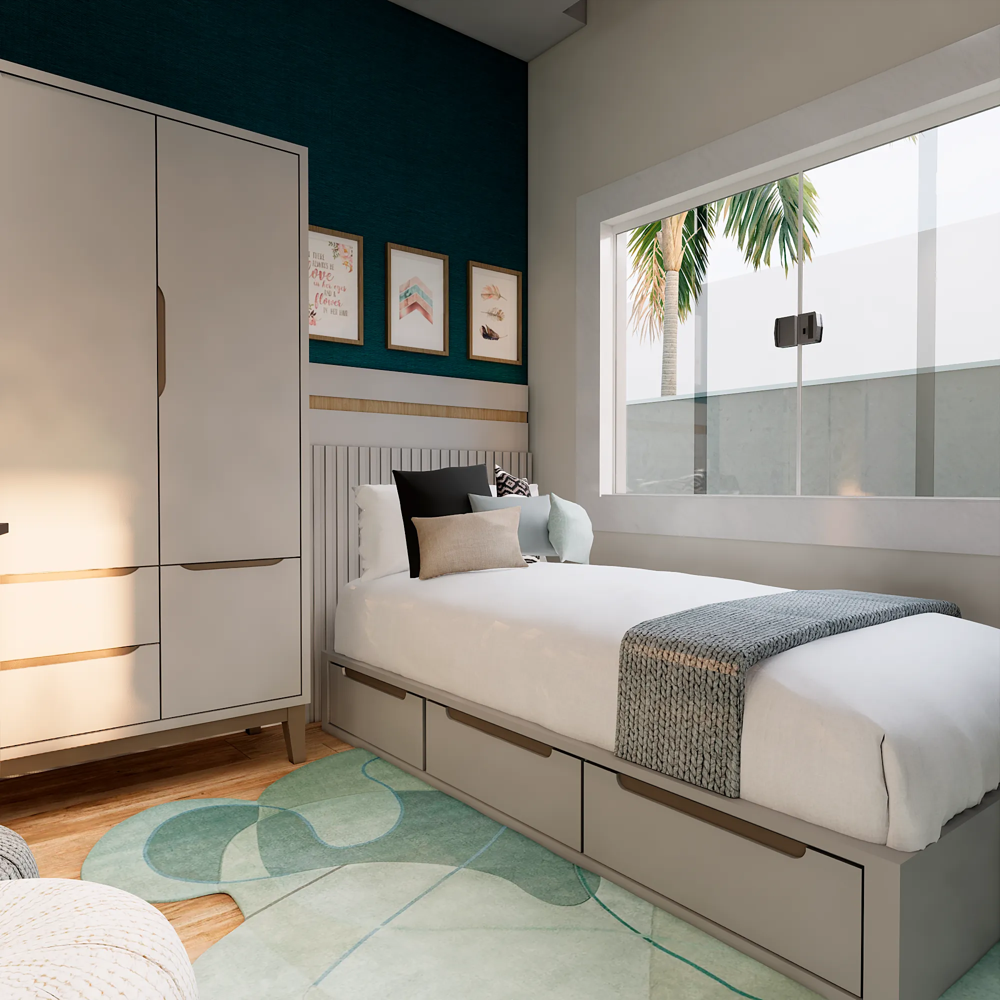 ÁQuarto de solteiro moderno com armário planejado, cama com gavetas e decoração em tons suaves.
