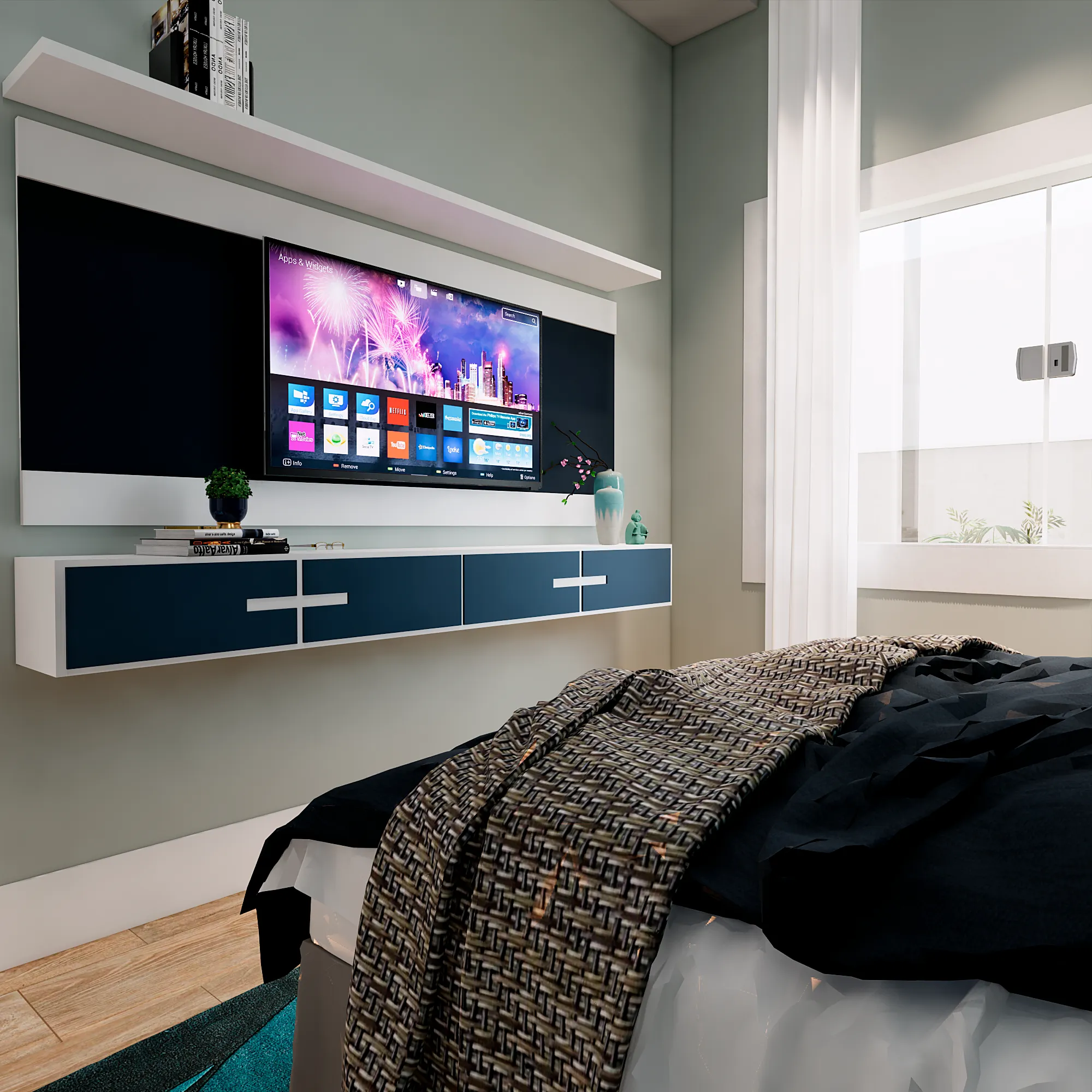 Quarto moderno com TV montada em painel decorativo e prateleira suspensa, em tons suaves.