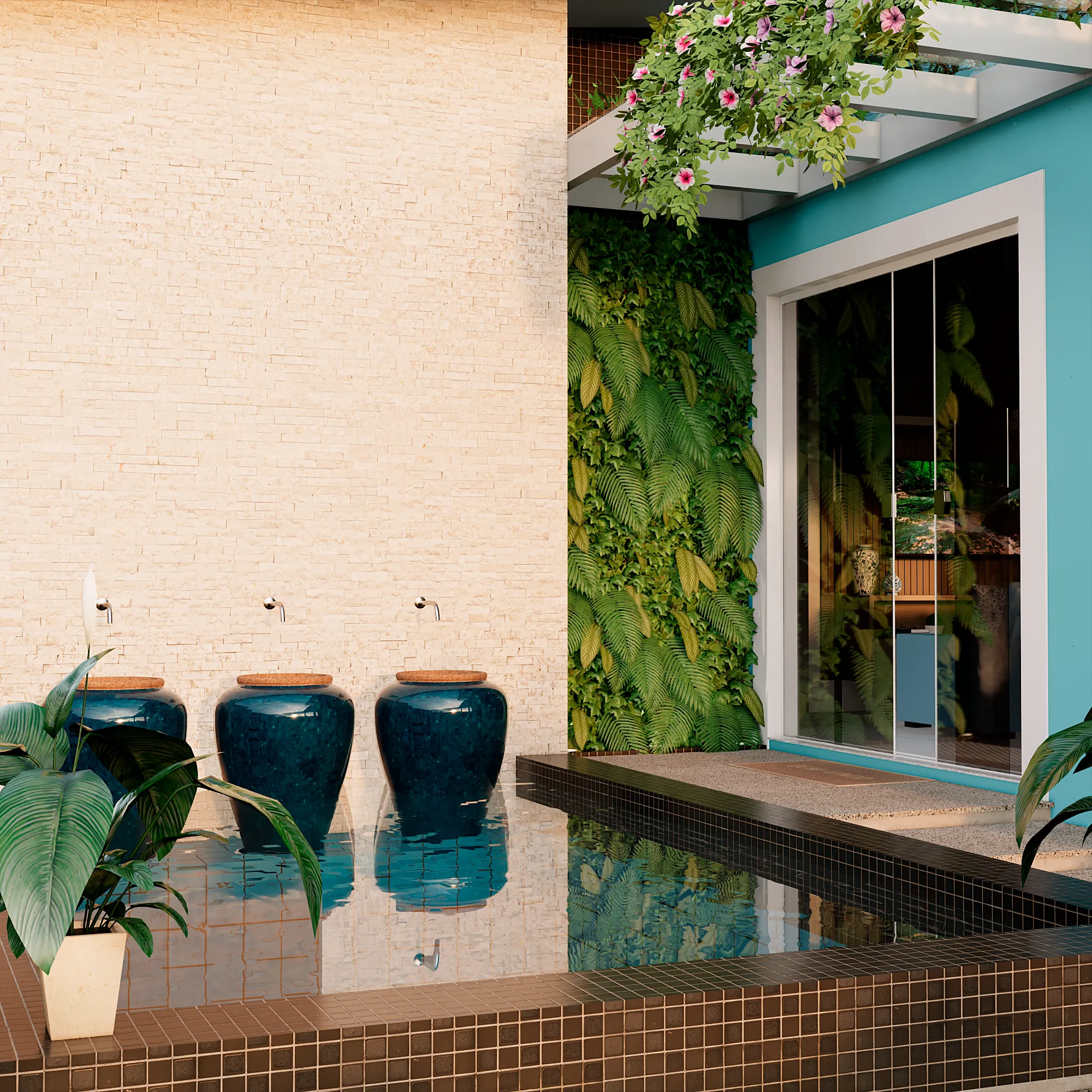 Área externa de uma casa compacta com piscina, vasos decorativos e jardim vertical.