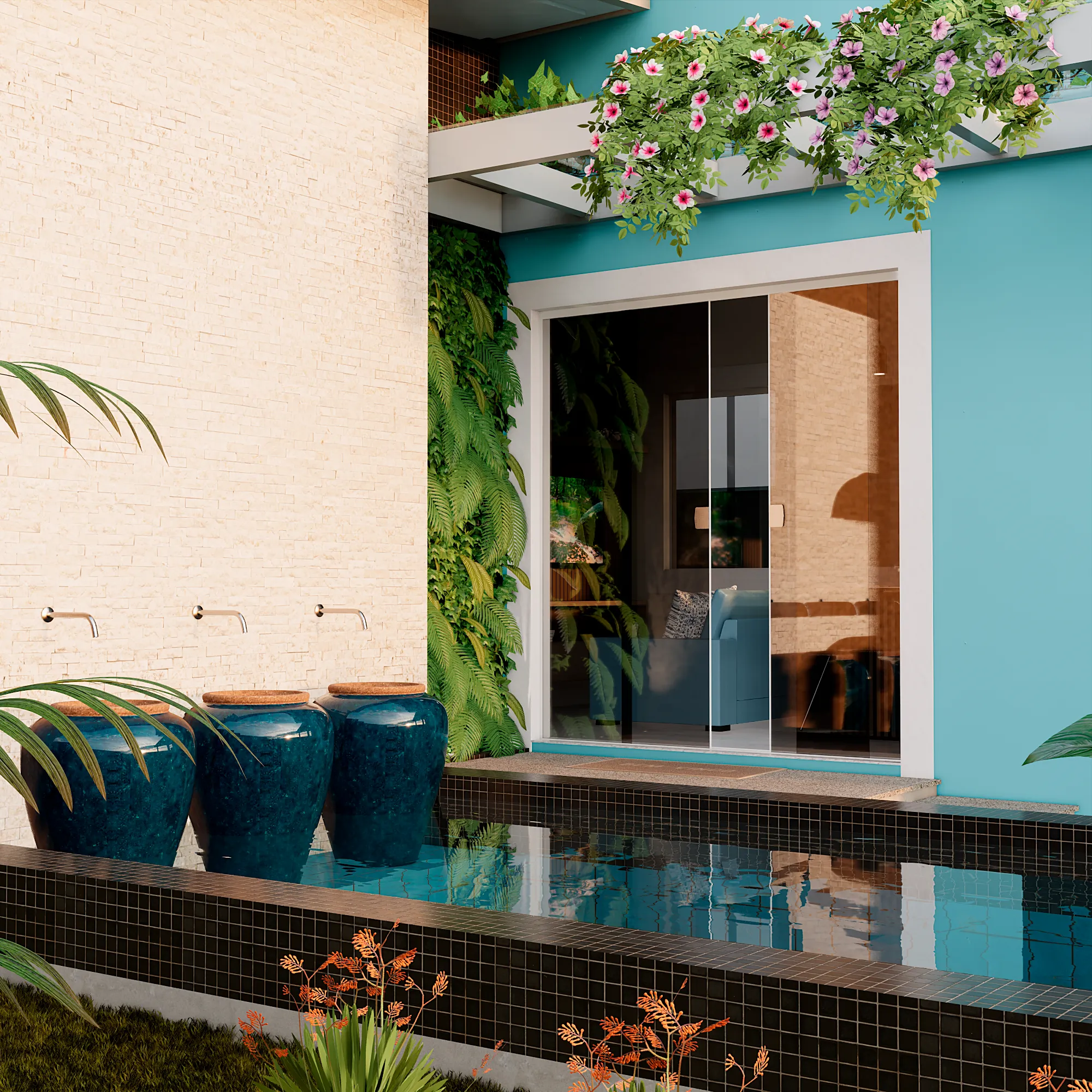 Detalhe de área externa com piscina e paisagismo em uma casa compacta.