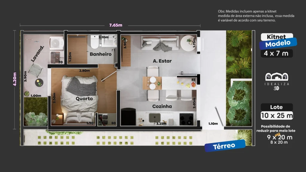 Planta baixa de uma kitnet moderna, modelo com 4x7m, incluindo quarto, cozinha e área de estar.