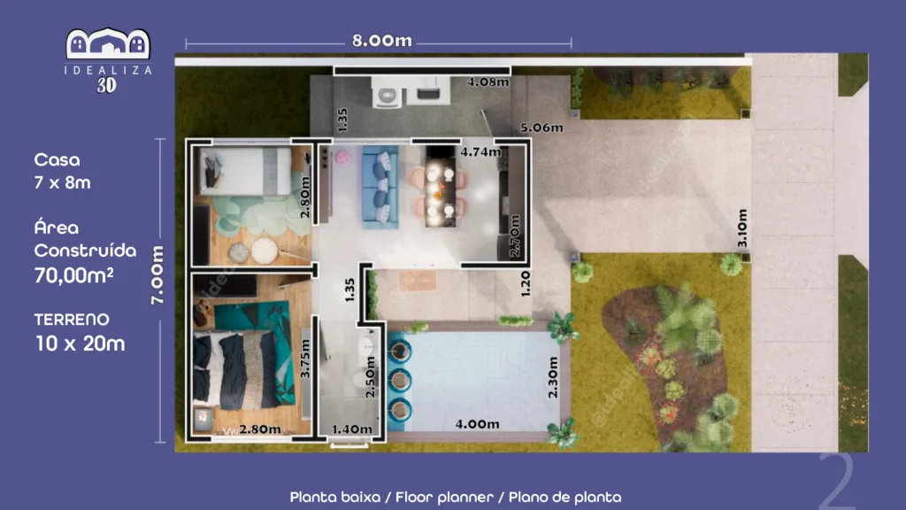 Planta baixa de uma casa de 7x8m com piscina e layout funcional.
